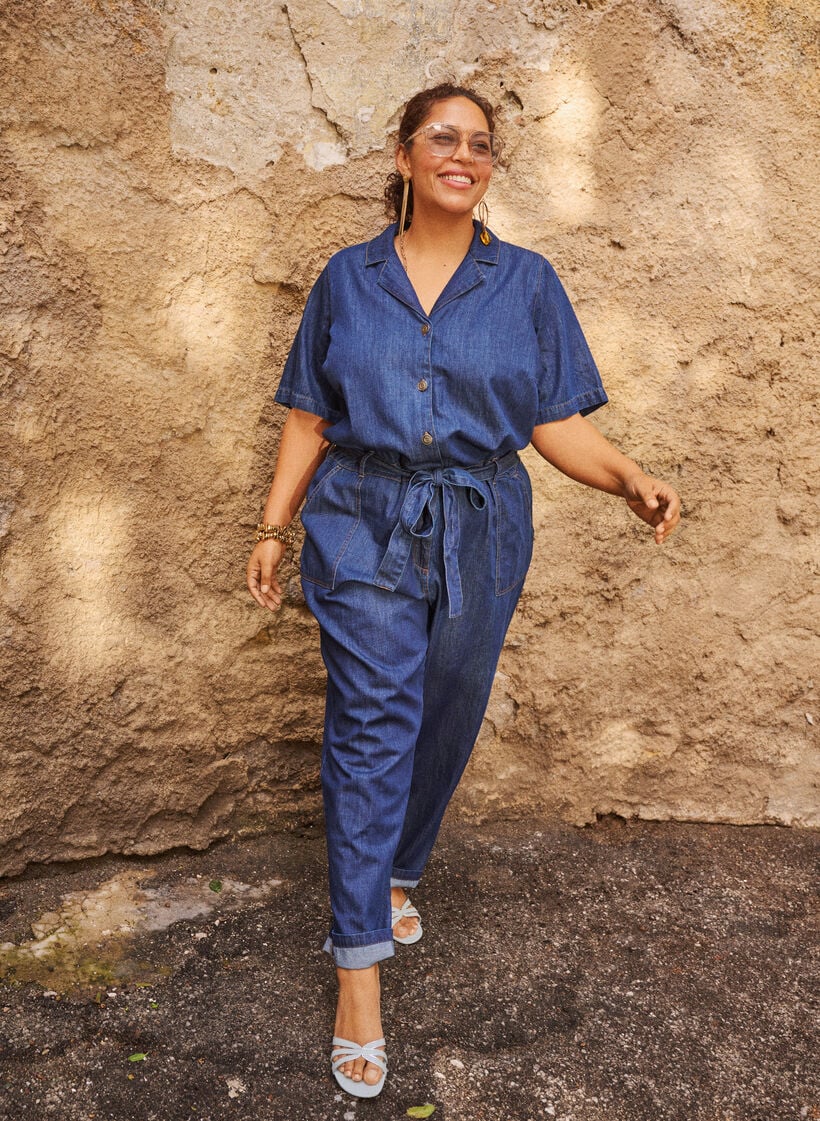 Denim jumpsuit with short sleeves and a tie belt, Blue, Image image number 0