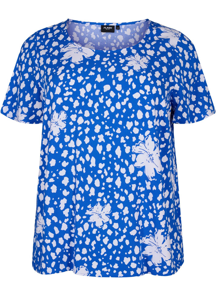 FLASH - Short sleeve viscose blouse with print, Blue, Packshot image number 0