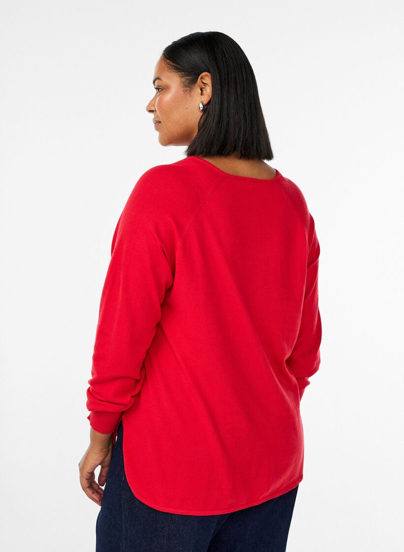 Fine-knit blouse with v-neck and front detail, Red, Model image number 2
