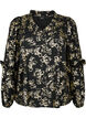 Long-sleeved blouse with frills and foil print, Black Foil AOP, Packshot image number 0