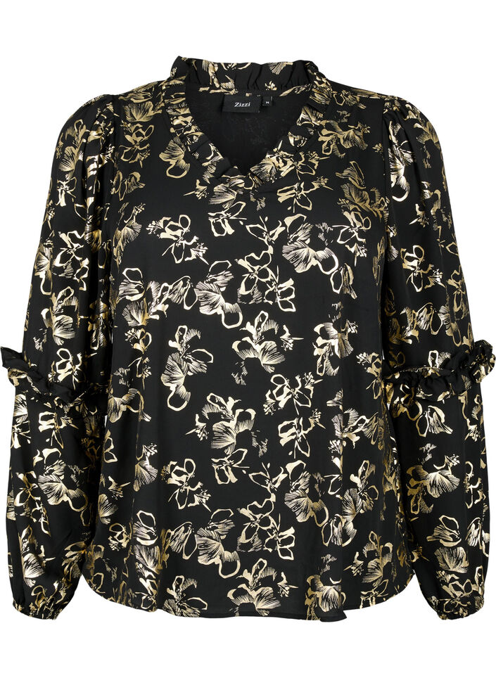 Long-sleeved blouse with frills and foil print, Black Foil AOP, Packshot image number 0