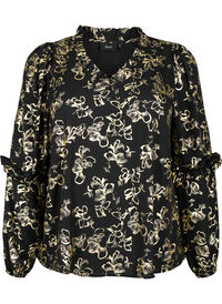 Long-sleeved blouse with frills and foil print