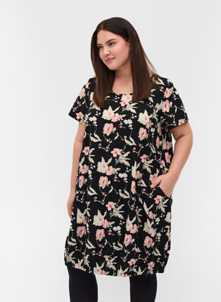 Short-sleeved, printed cotton dress, Black Rose Flowers, Model image number 0