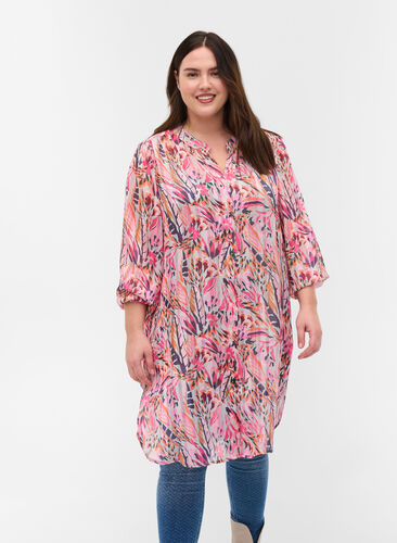 Tunic with floral print, v-neck and long sleeves, Pink Feather, Model image number 0