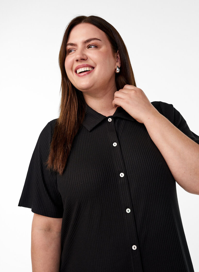 Maxi dress in jersey with collar and short sleeves, Black, Model image number 2