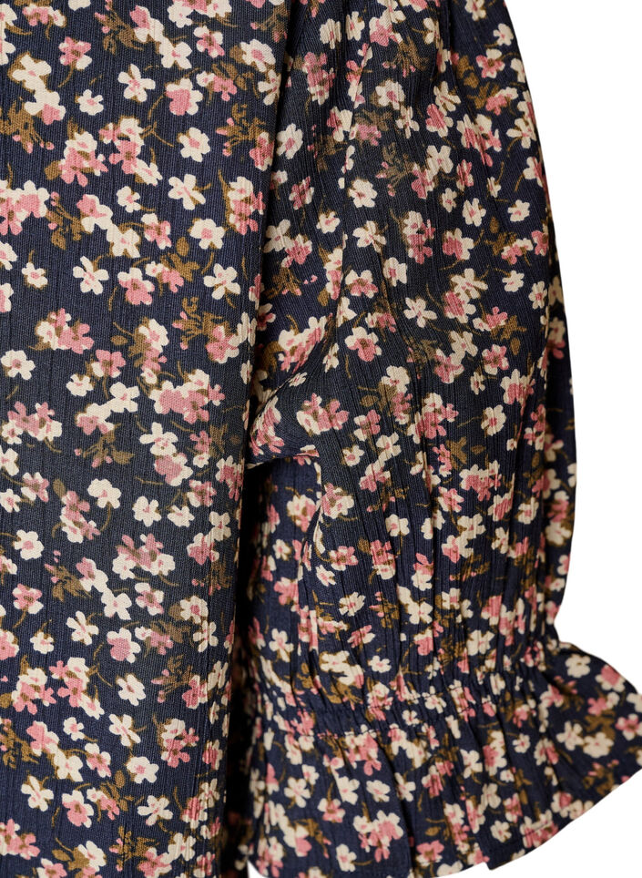Floral viscose blouse with short sleeves and smock details, Blue, Packshot image number 3