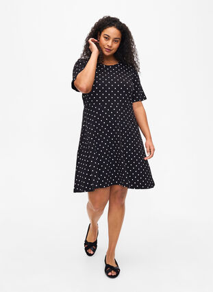 Cotton dress with short sleeves and dots, Black w. White Dot, Model image number 2