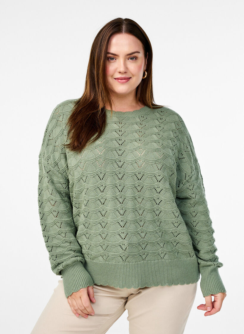 Long-sleeved knit blouse with an openwork pattern, Green Bay, Model image number 0