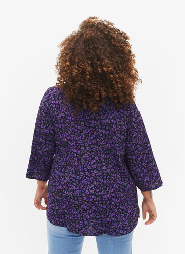 Blouse in viscose with 3/4 sleeves, Purple Leo AOP, Model image number 1