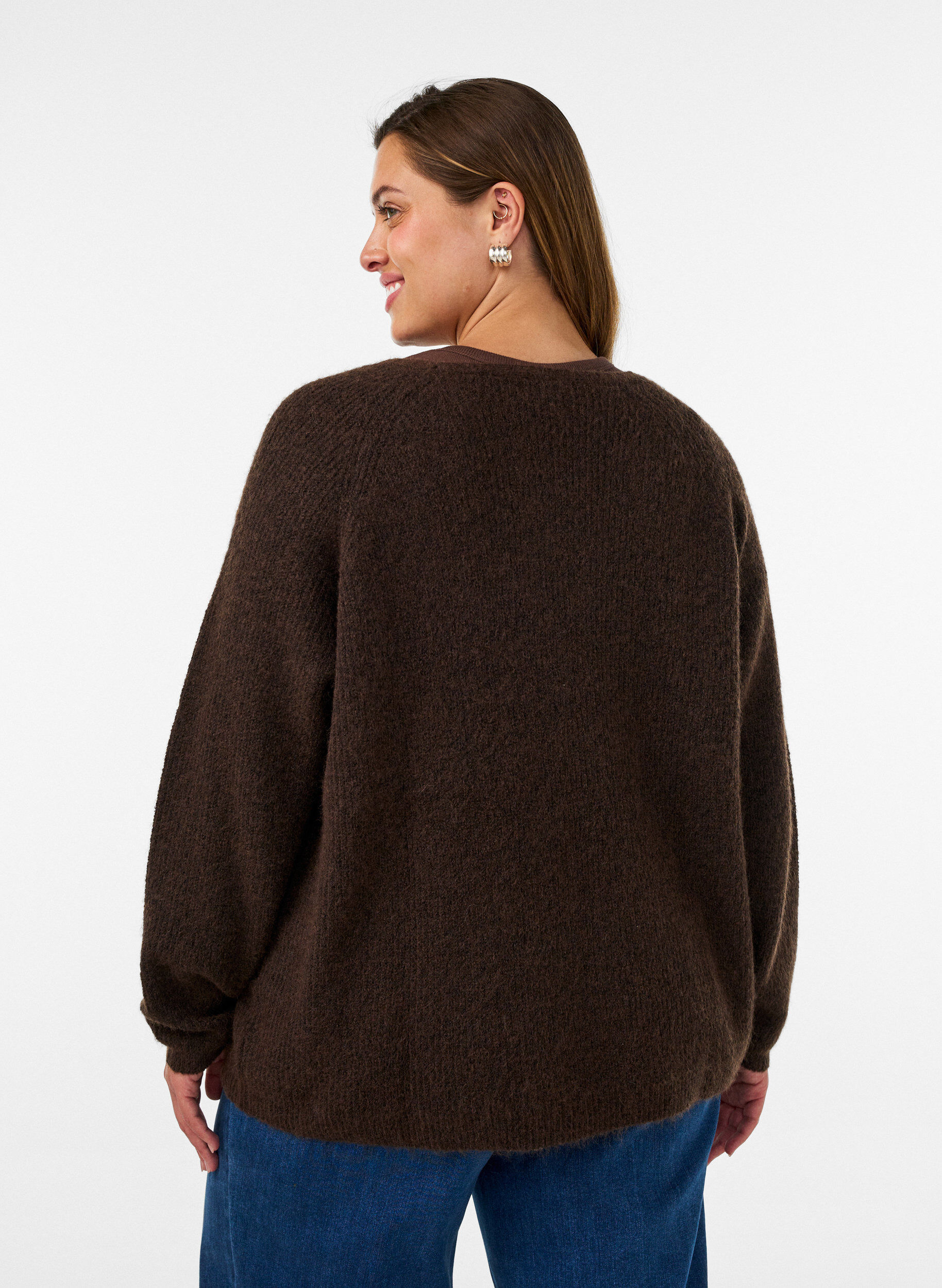 ZizzifashionKnitted blouse with V-neck and raglan sleeves, Brown, Model image number 2