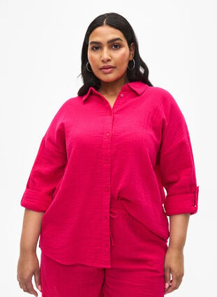 Shirt with cotton muslin collar, Bright Rose, Model image number 0