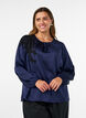 Satin blouse with lace appliqu&eacute; and pearls, Blue, Model image number 0