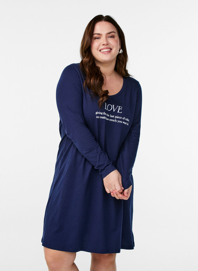 Long-sleeved nightgown in organic cotton, Blue, Model image number 0