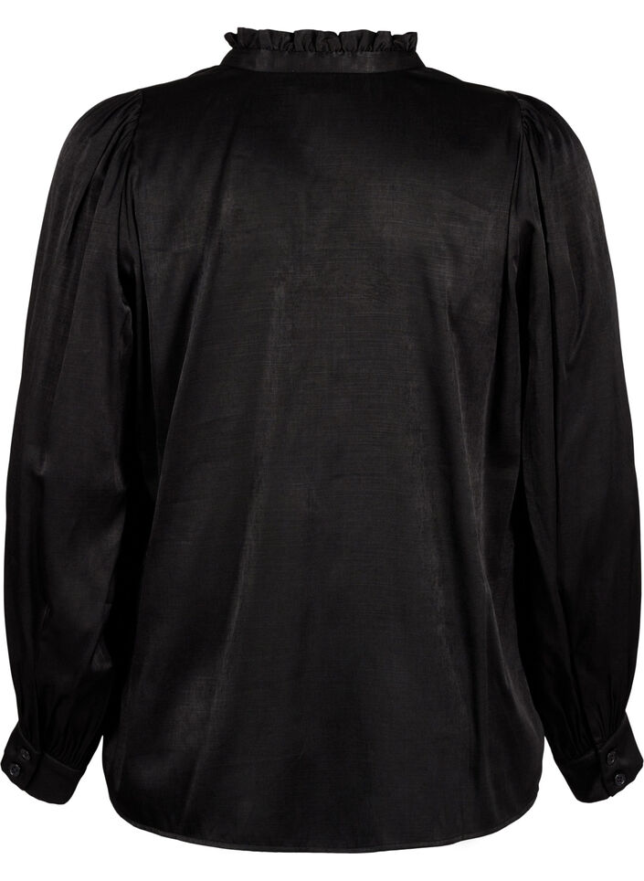 Long-sleeved blouse with ruffles and v-neck, Black, Packshot image number 1