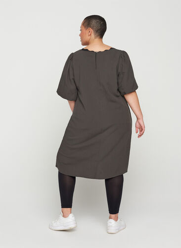 Short-sleeved viscose dress with A-line cut, Kaki, Model image number 1