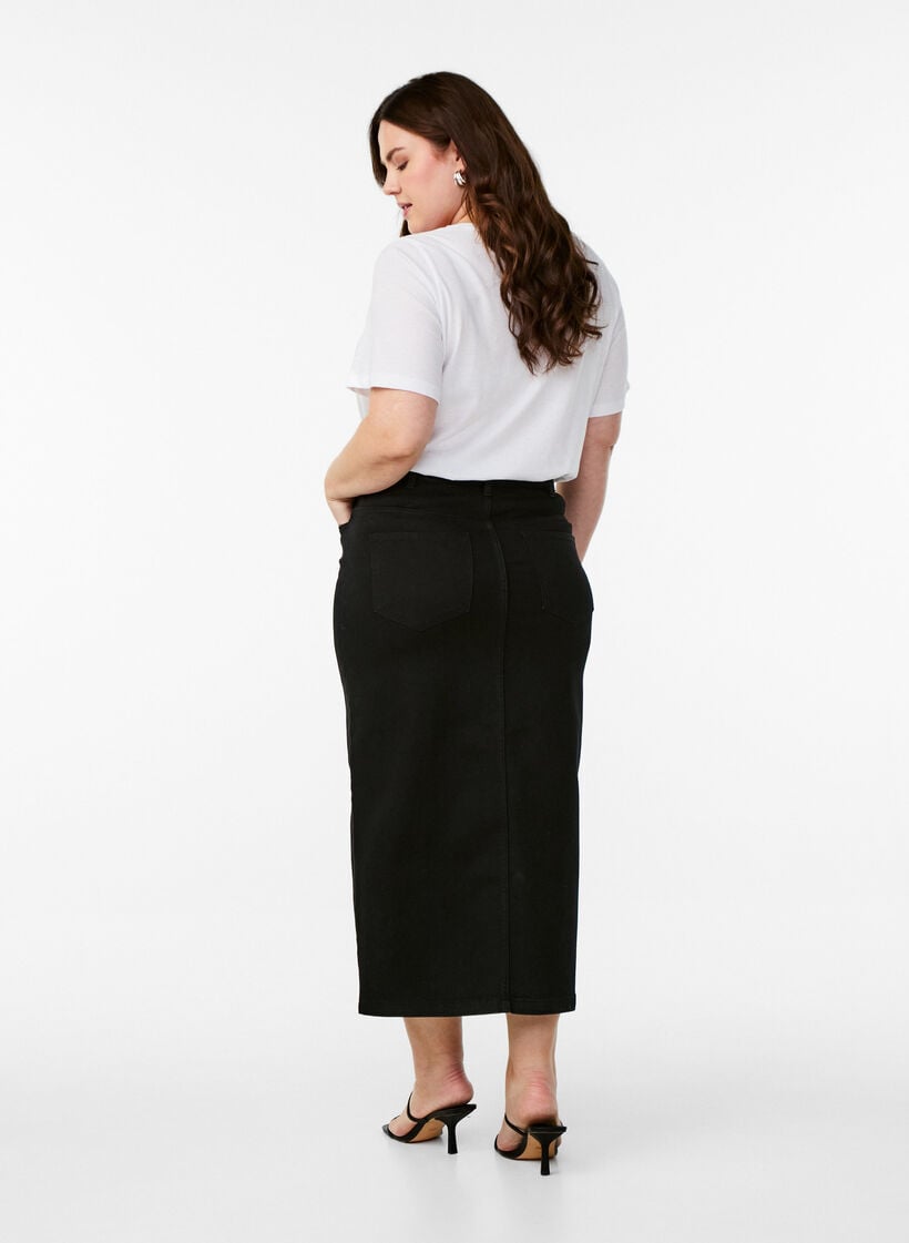 FLASH - Midi denim skirt with a front slit, Black, Model image number 1