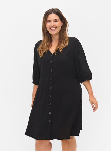 Dress with buttons and 3/4 sleeves, Black, Model image number 0