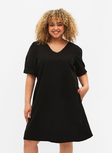 V-neck dress in cotton blend with linen, Black, Model image number 0