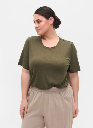 Short-sleeved t-shirt in ribbed fabric, Dusty Olive, Model image number 0