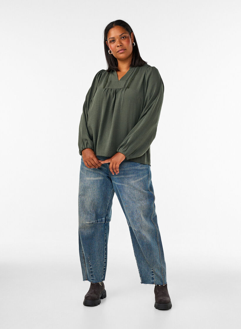 Blouse with V-neck and crochet trim, Green, Model image number 1