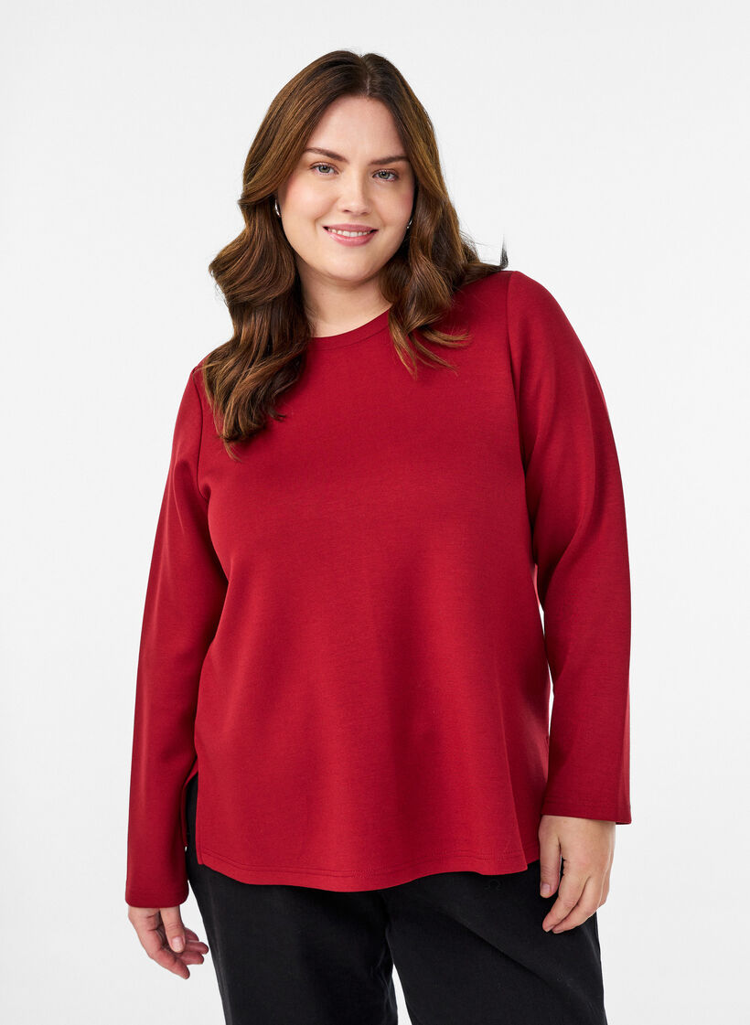 Jersey blouse with round neck, Red, Model image number 0