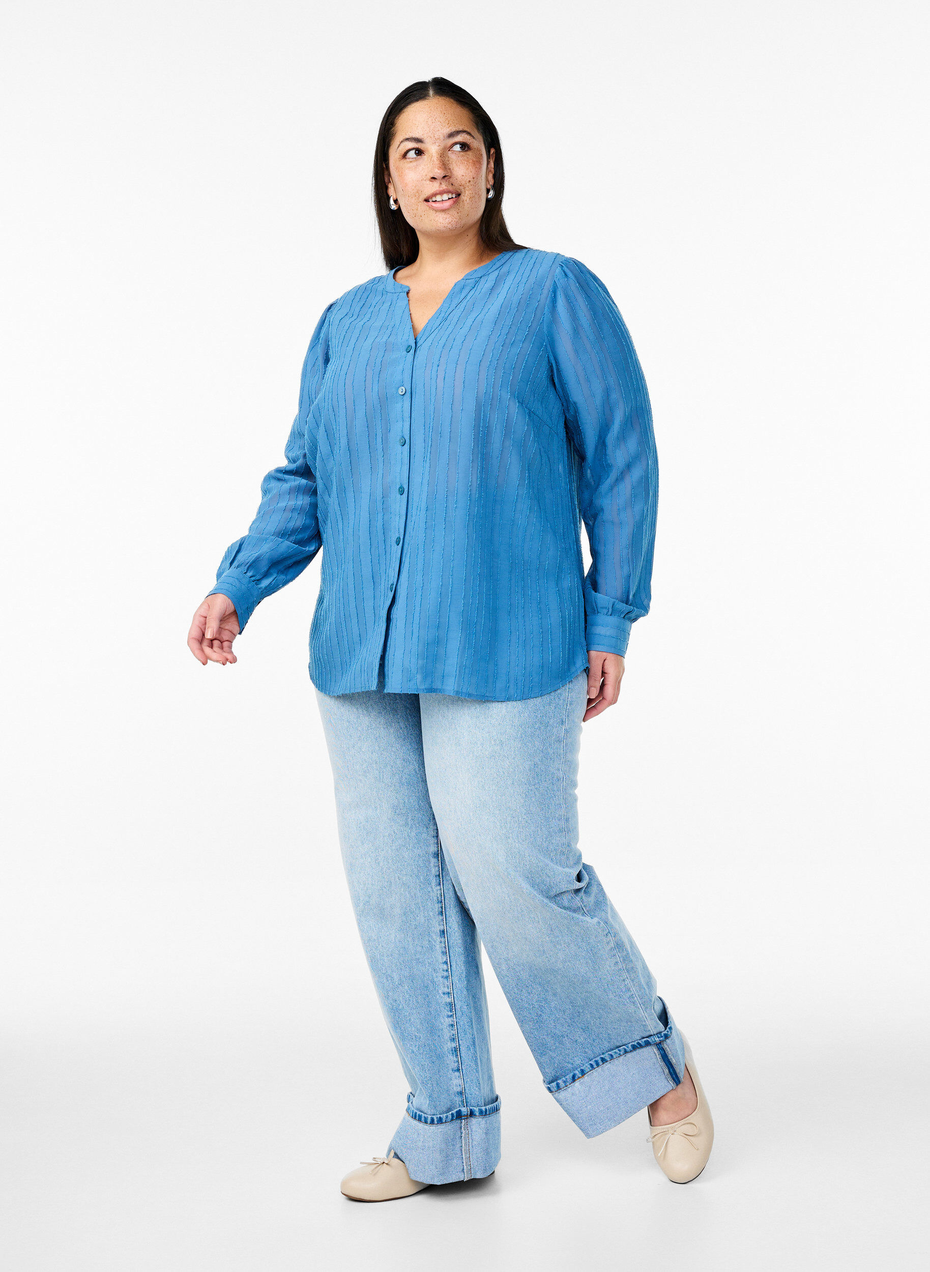 Zizzifashion Striped shirt blouse with sheer stripes, Blue, Model image number 1