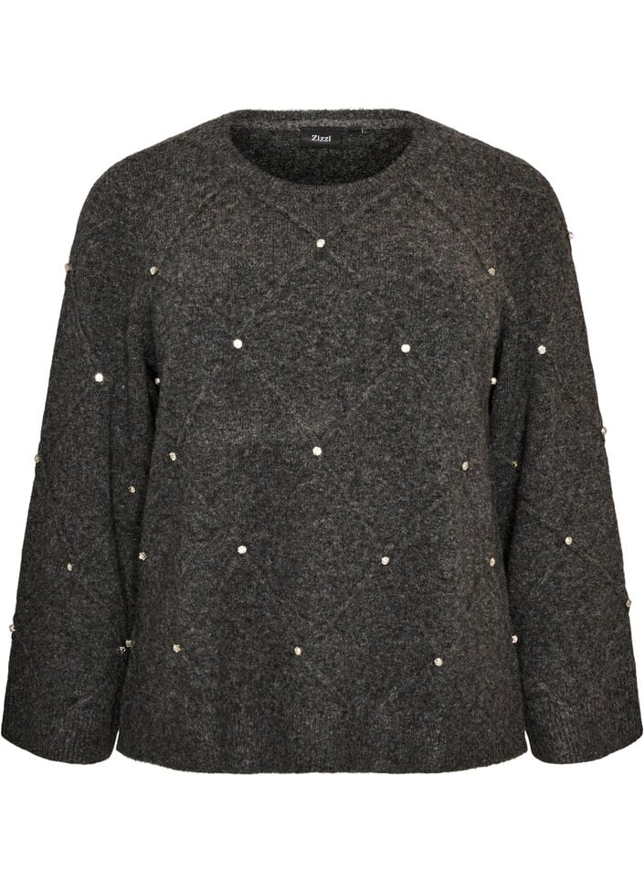 Knitted blouse with rhinestones and diamond pattern, Dark Grey, Packshot image number 0