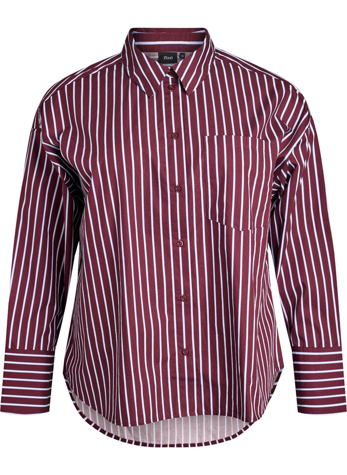 Loose shirt with stripes and a chest pocket, Dark Bordeaux, Packshot image number 0