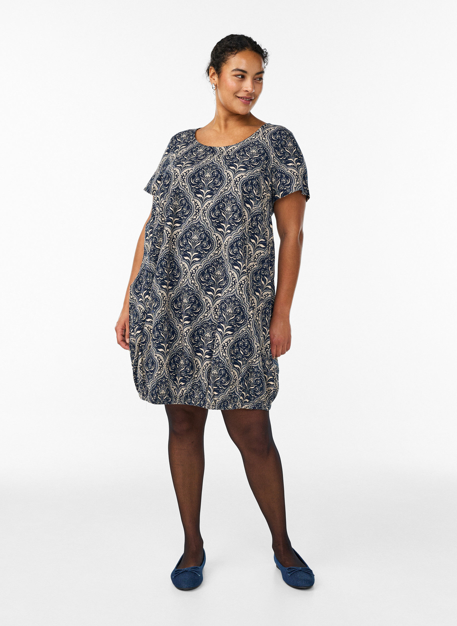 ZizzifashionShort-sleeved cotton dress with print, Blue, Model image number 1
