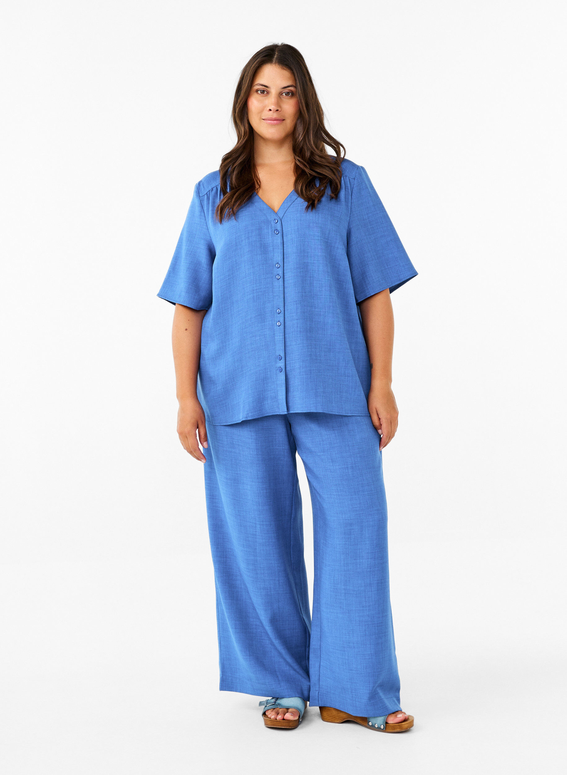 ZizzifashionV-neck shirt blouse with short sleeves, Blue, Model image number 1