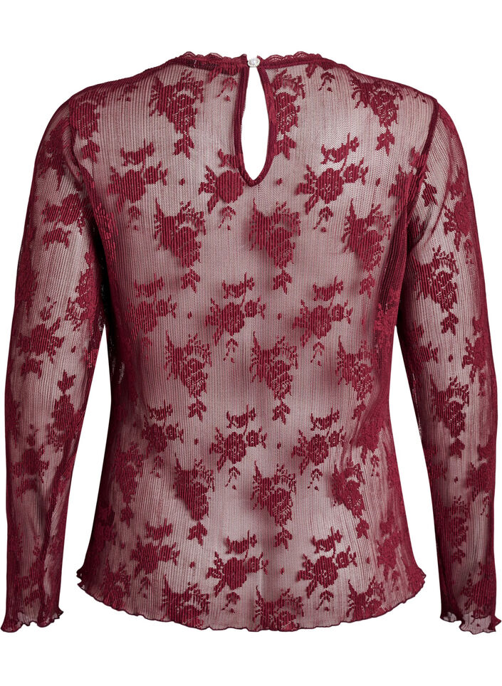 Long-sleeved mesh blouse with lace pattern, Dark Bordeaux, Packshot image number 1