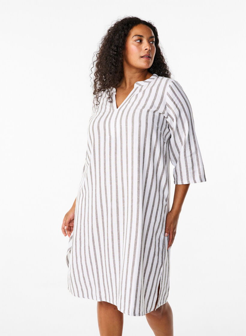 Striped tunic dress in linen-viscose mix, White Stripe, Model image number 0