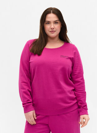 Cotton sweatshirt with text print, Festival Fuchsia, Model image number 0
