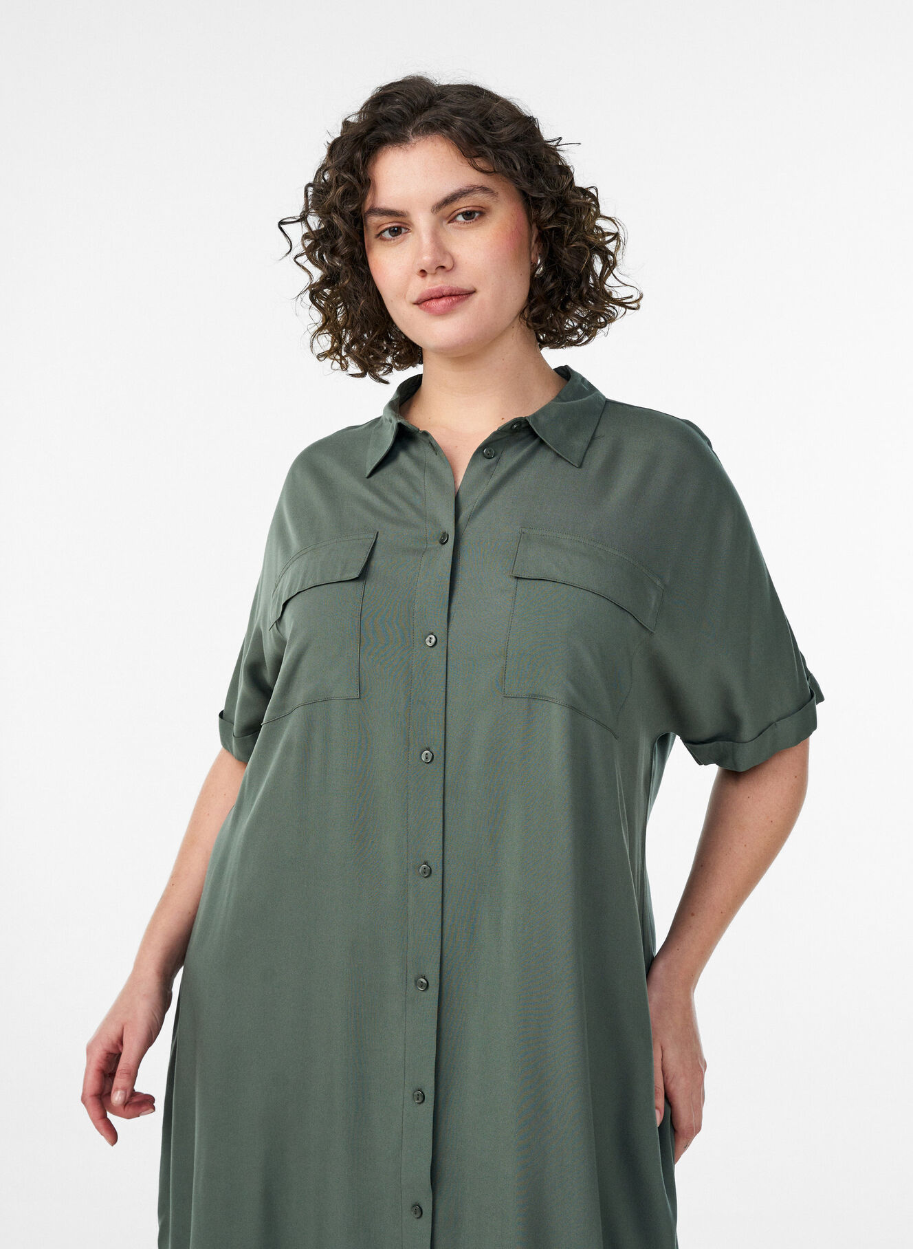 green shirt dress women Green Polyester Shirt Dress | Long Sleeve Midi