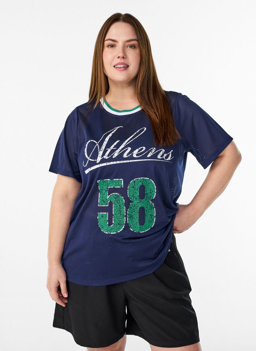 Sporty t-shirt in mesh with front print, Blue, Model image number 0