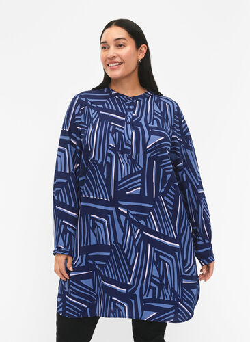 FLASH - Printed tunic with long sleeves, Medieval Blue AOP, Model image number 0