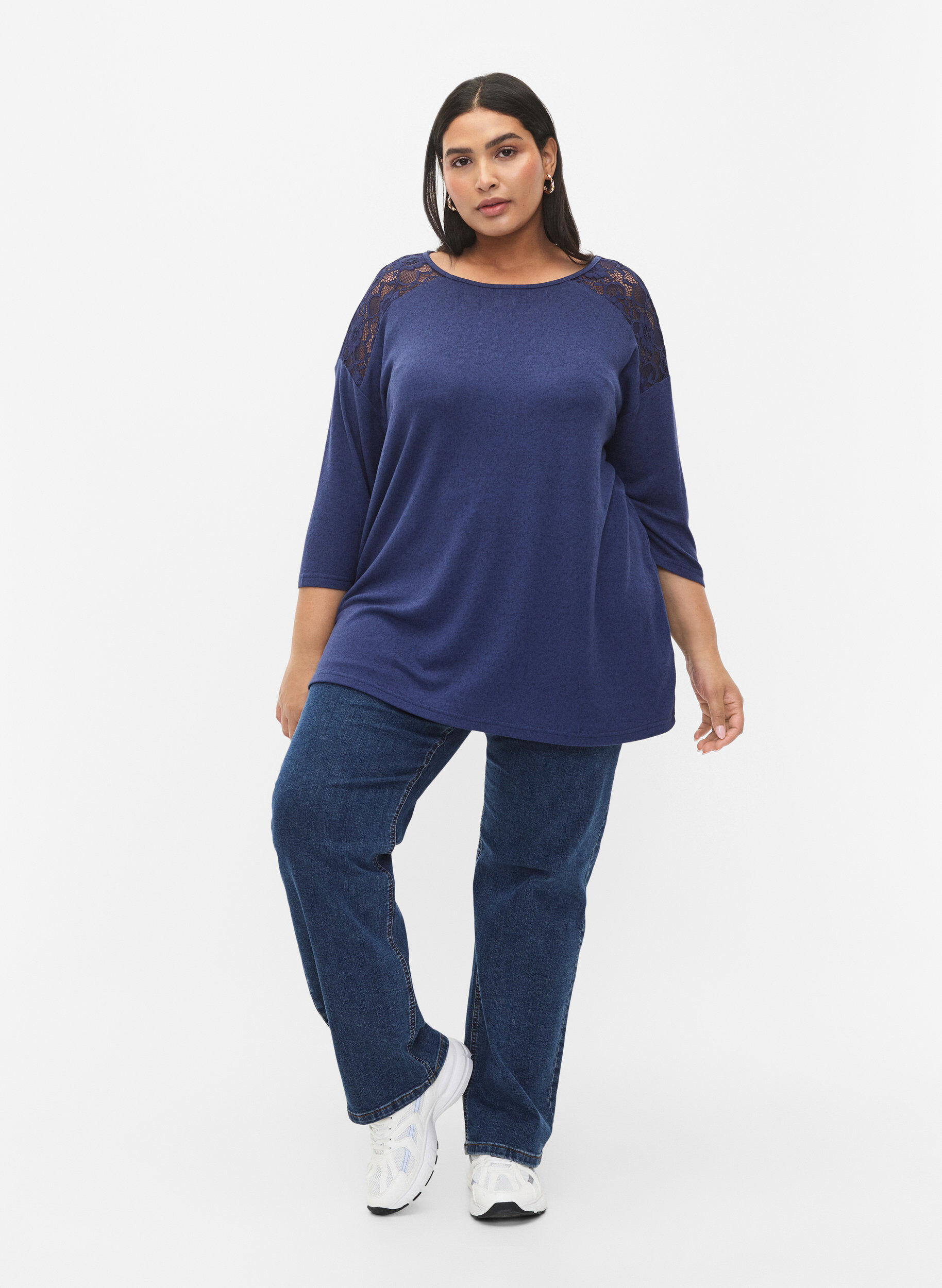 Zizzifashion Blouse with 3/4 sleeves and lace detail, Medieval Blue Mel., Model image number 2