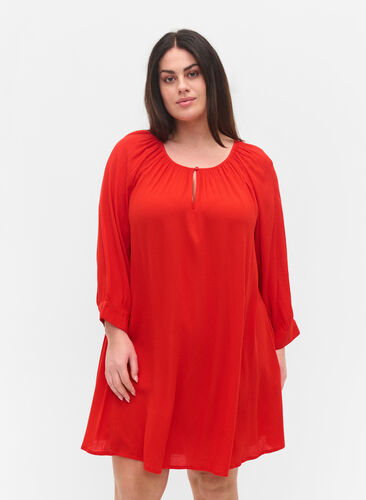 Viscose tunic with 3/4 sleeves, Fiery Red, Model image number 0
