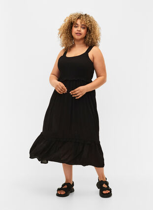 Viscose midi dress with smock, Black, Model image number 0