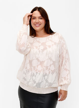 Jacquard blouse with smocking, Warm Off-white, Model image number 0