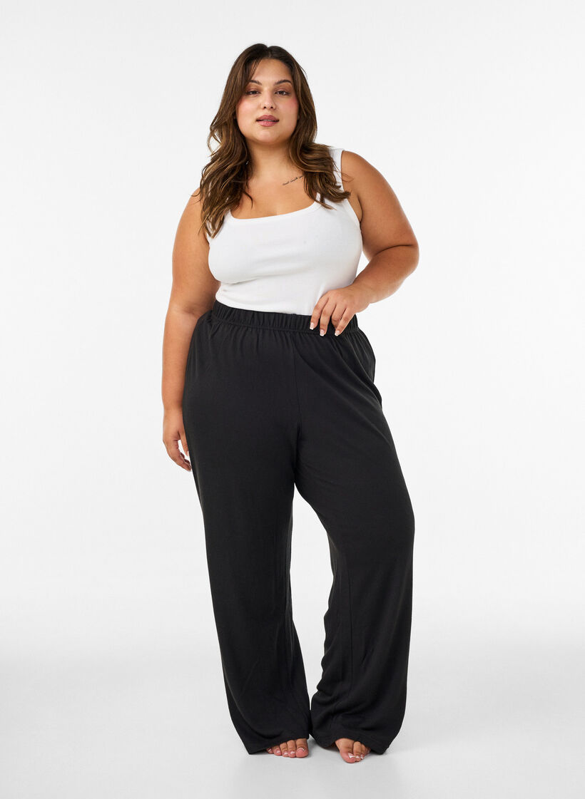 High-waisted wide-leg jersey trousers, Black, Model image number 1