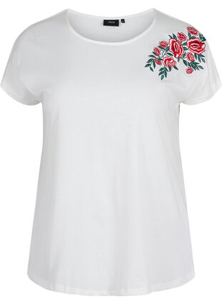 Short-sleeved cotton t-shirt with embroidery, Warm Off-white, Packshot image number 0