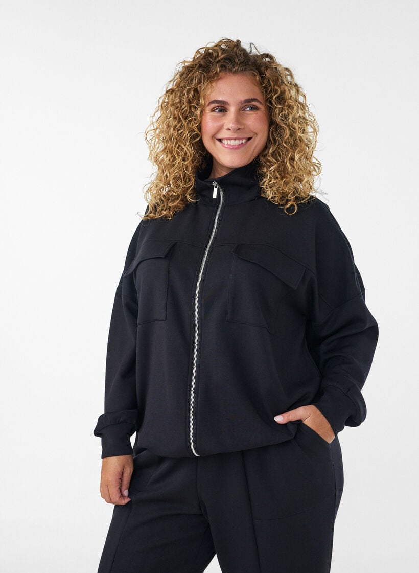 Jersey cardigan with zipper and high collar, Black, Model image number 0