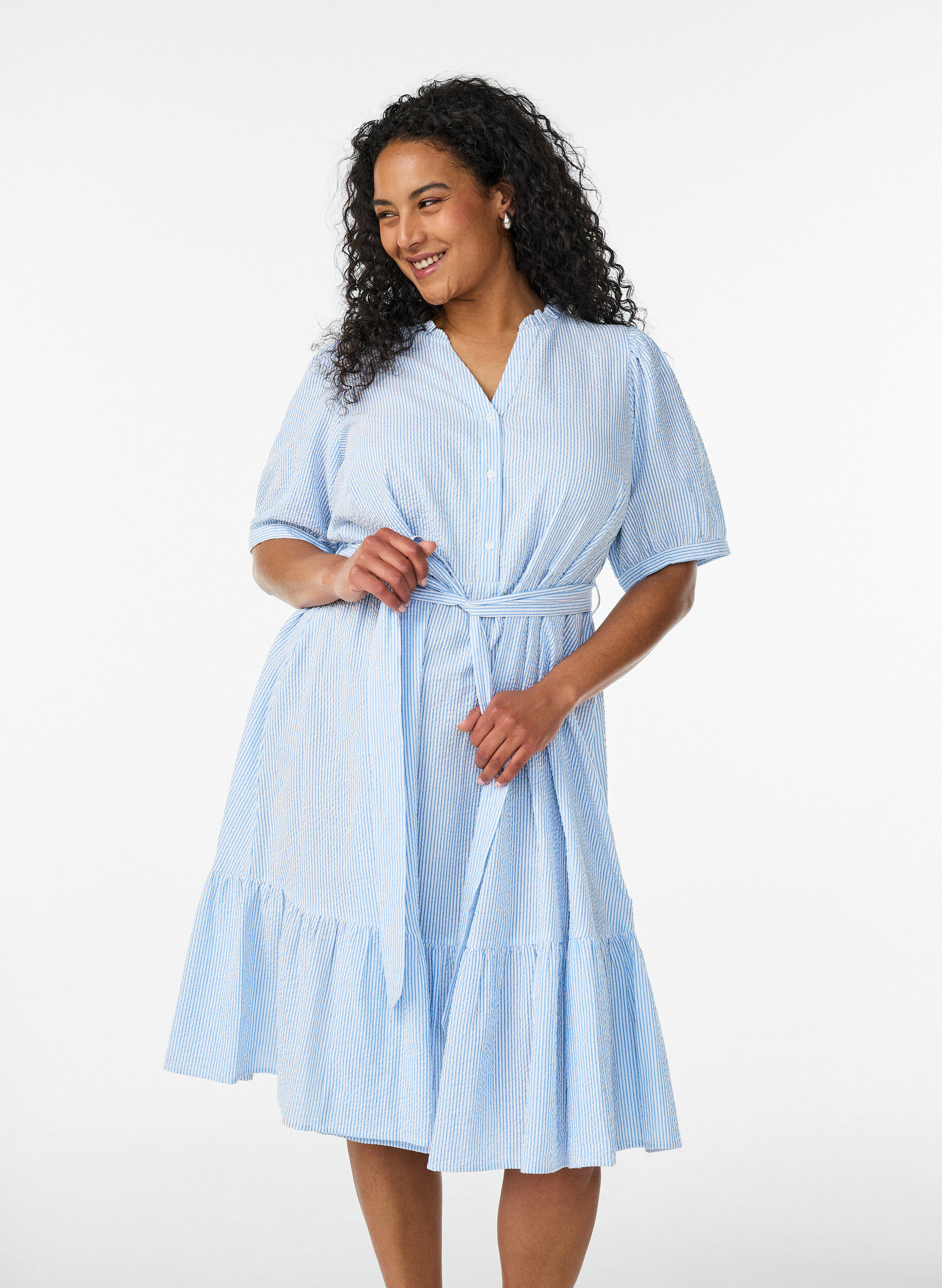 ZizzifashionStriped midi dress in cotton with a tie-belt, White, Model image number 0