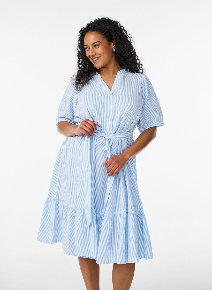 Striped midi dress in cotton with a tie-belt, White, Model image number 0