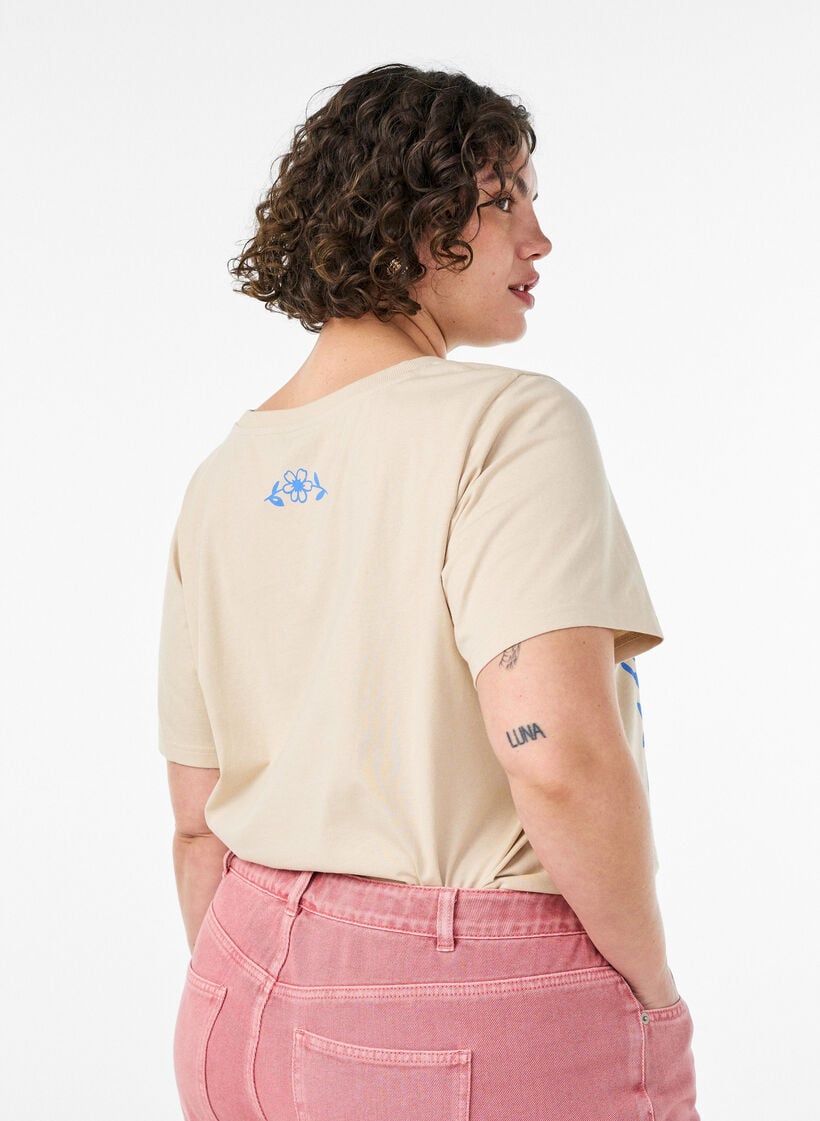 Cotton T-shirt with print, Beige, Model image number 2
