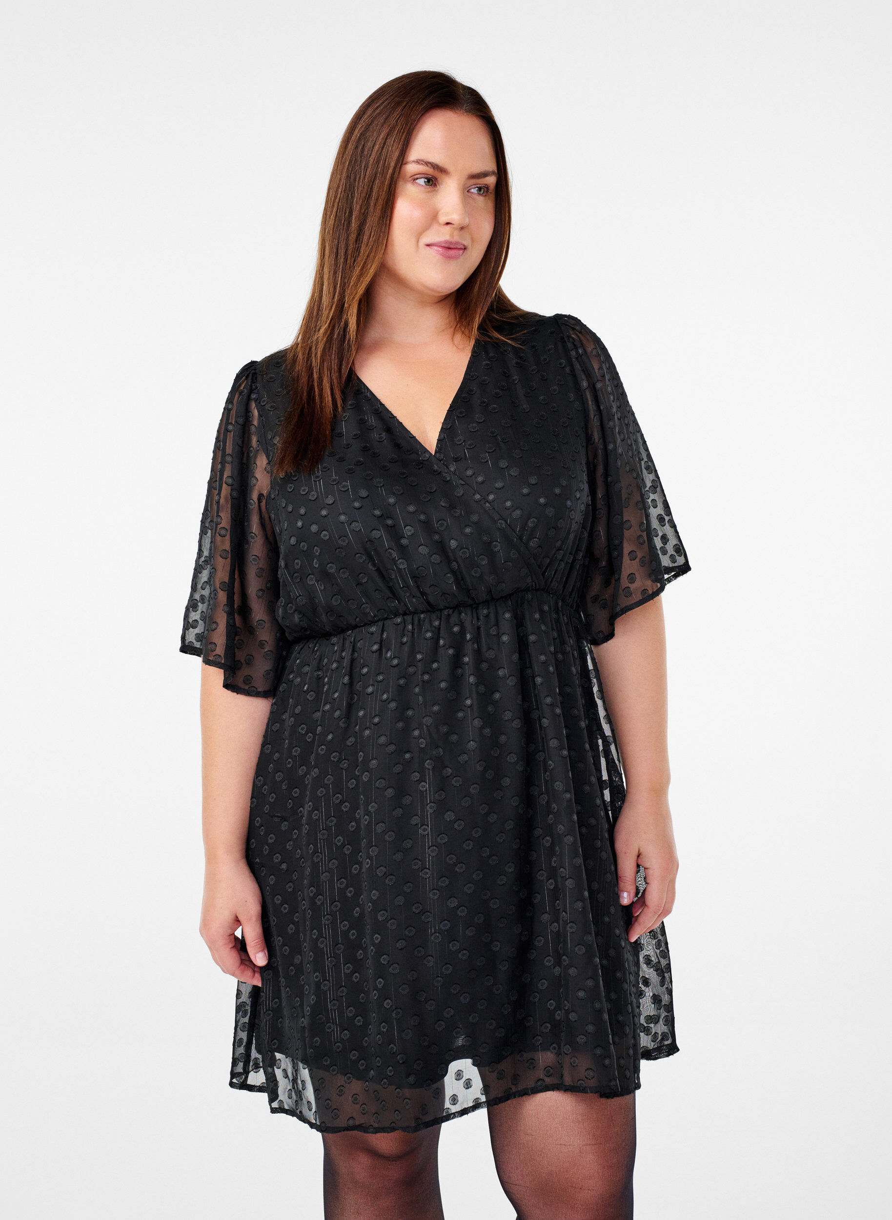Zizzifashion Short dress with batwing sleeves and dotted texture, Black, Model image number 0