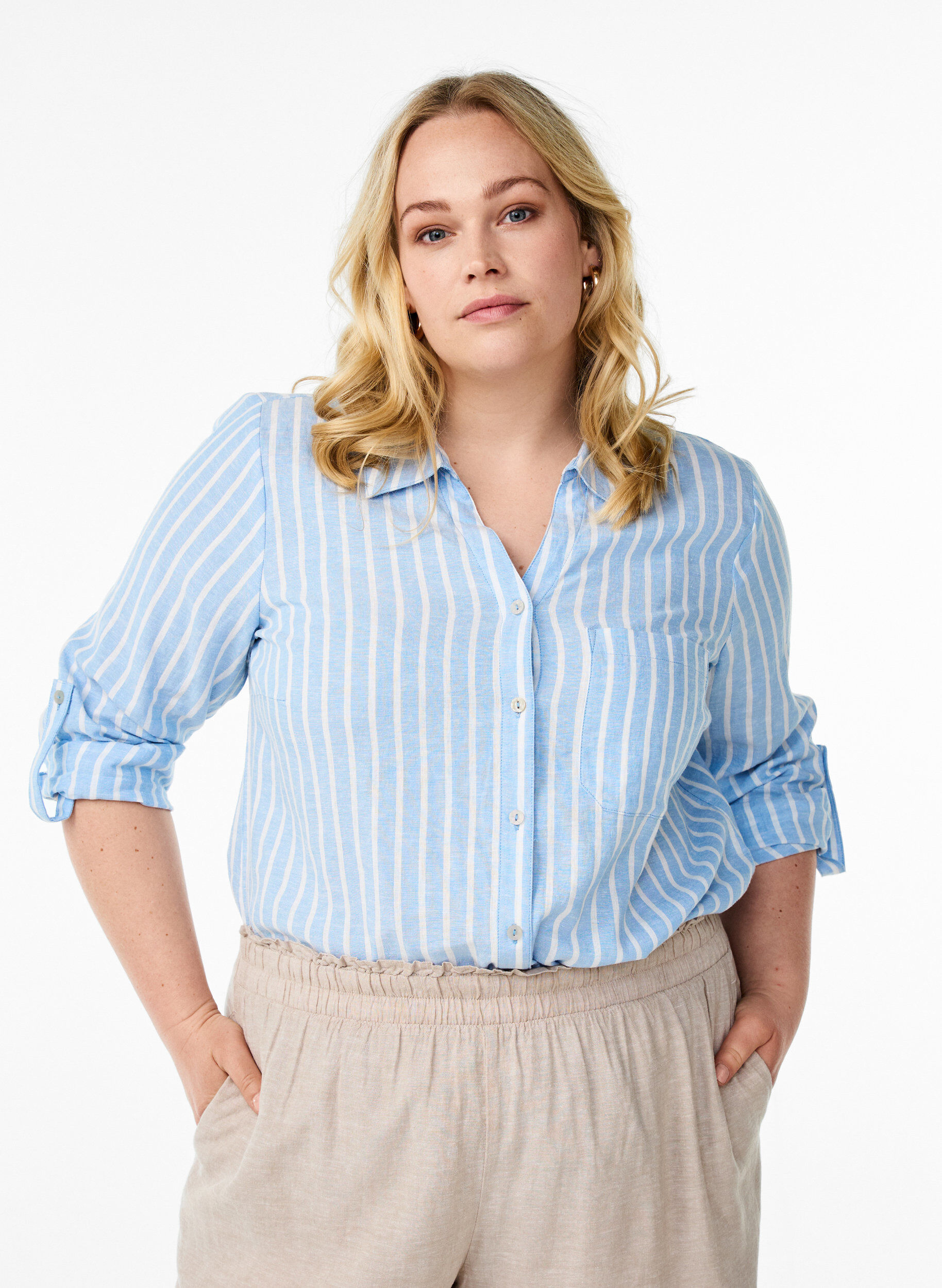 ZizzifashionShirt in linen and viscose with 3/4 sleeves, Light Blue, Model image number 0