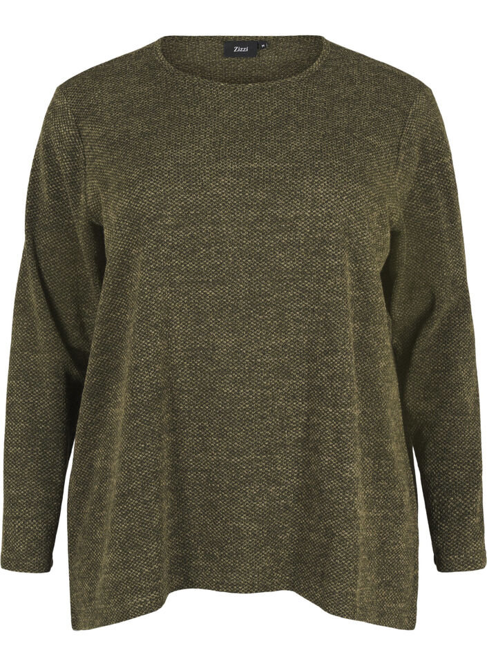 Melange blouse with round neck and long sleeves, Winter Moss, Packshot image number 0