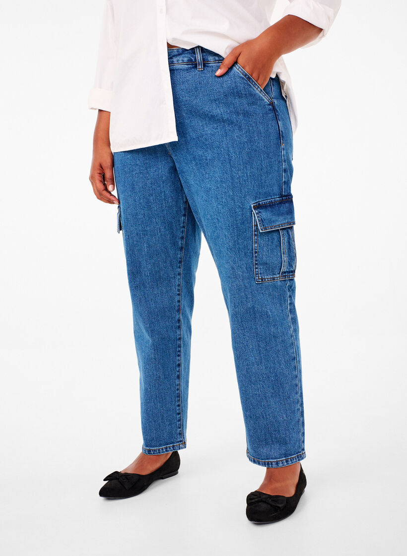 Cargo jeans with high waist, Blue Denim, Model image number 2